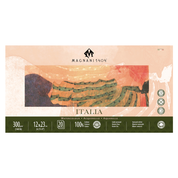 Akvarellblock Italia 100% Bomull 300g Fin Gräng 12x23 cm 20 ark i gruppen Papper & Block / Konstnärsblock / Akvarellblock hos Pen Store (129658)
