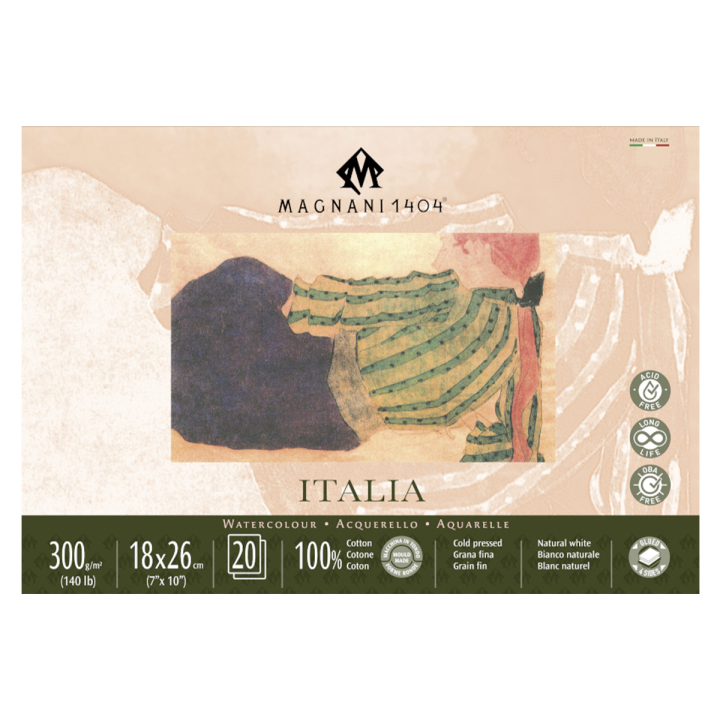 Akvarellblock Italia 100% Bomull 300g Fin Gräng 18x26 cm 20 ark i gruppen Papper & Block / Konstnärsblock / Akvarellblock hos Pen Store (129661)