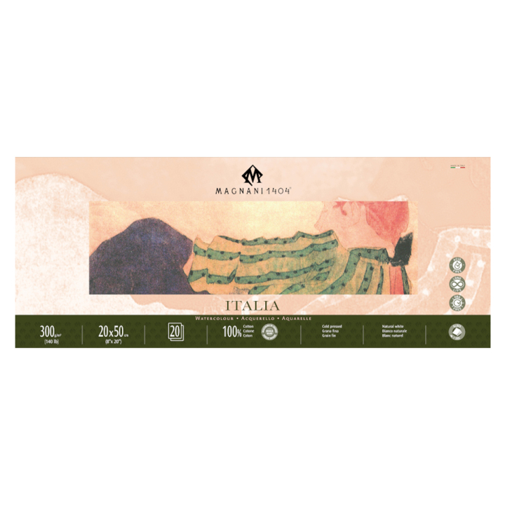 Akvarellblock Italia 100% Bomull 300g Fin Gräng 20x50 cm 20 ark i gruppen Papper & Block / Konstnärsblock / Akvarellblock hos Pen Store (129663)